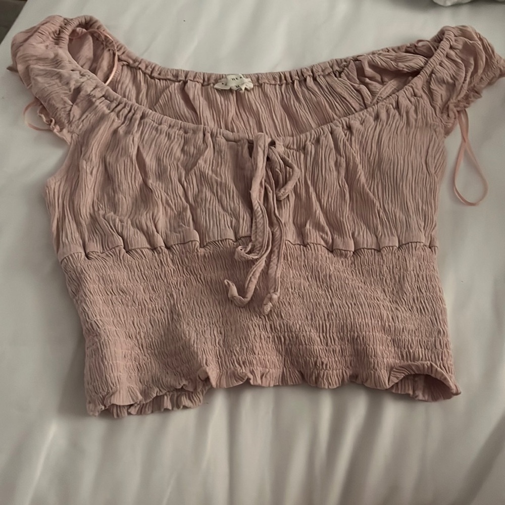 pink off the shoulder ruched bottom top